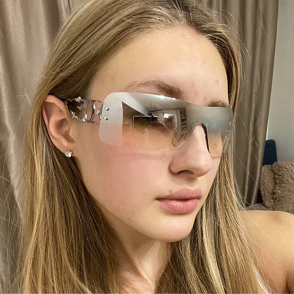 Silver Tint Rimless Y2k Sunglasses Women Metal Rectangle Vintage Glasses Fashion - Picture 3 of 6